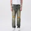 Novedad 2026 Jeans Color Amarillo Lodo y Azul para Hombres Jóvenes, Pantalones de Pierna Recta de Verano, Moda Urbana, Pantalones Sencillos Rasgados y Desgastados para Niños