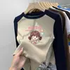 Camiseta térmica de manga larga cepillada para niñas, cuello redondo, otoño e invierno, con panel, para usar por dentro, estampado de dibujos animados, para niños de mediana y mayor edad