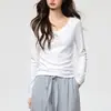 Camiseta de algodón peinado de 40 hilos, cuello redondo grande, manga larga para mujer, nuevo estilo otoño 2026, hombro normal, corte ajustado, camiseta básica versátil