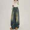 Jeans Wide-Leg Retrô Nostálgico para Mulheres Outono 2025 Novo Cintura Alta Solto Slimming Look Calças Retas Drapeadas Comprimento Total