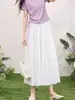 Atmosfera de verão saia midi plissada branca para mulheres cintura alta cobre quadril fluida estilo fada saia de bainha larga em blocos A-line