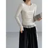 Camisa Básica Feminina Jiangzuo Estilo Suave Patchwork de Renda Falso Duas Peças, Top Fresco e Simples de Outono com Gola Redonda 70031