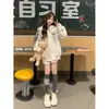 Moletom com Capuz Oversize de Três Listras Estilo Coreano 2025 para Mulheres, Jaqueta Cardigan Grossa com Forro de Fleece Solta para Outono e Inverno