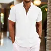 Camisa Masculina de Manga Curta Estilo Europeu e Americano para o Verão, Camisa Masculina Meio Aberta de Cor Pura com Gola Alta, Manga Curta de Linho