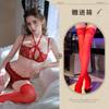 Ropa Interior Sexy Naranja Fuego Encaje Sexy Hueca Transparente Pecho Cubierto Pasión Traje de Tres Puntos