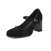 Estilo Elegante de Luxo Leve~Bico Redondo Laço Plissado Salto Bloco Elegante Salto Alto 2026 Outono Boca Rasa Sapatos Loafer de Camurça
