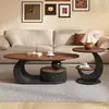 Mesa de centro oval em noz-escura de luxo leve estilo italiano para sala de estar, adequada para apartamentos pequenos, modelo novo minimalista moderno