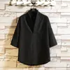 Camiseta de manga corta de seda helada con tacto fresco para hombre, nueva de verano estilo chino cuello en V Hanfu fina talla grande holgada camiseta de manga tres cuartos