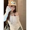 Camiseta de algodão com gola para homem, manga longa, estilo hot girl, feminina, nova para primavera e outono, afina a cintura, ombro a ombro, blusa básica, top interno