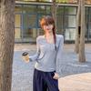 Tiro Real # Suéter de Manga Larga con Solapa Verde Retro en el Hombro Derecho para Mujer en Otoño Camiseta Básica Adelgazante