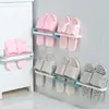 Estante para pantuflas de baño tres en uno sin perforaciones, zapatero de almacenamiento de pared detrás de la puerta del baño, toallero plegable