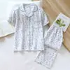 Pijama de Gaze de Algodão Puro para Mulheres, Estilo Fino de Verão, Gaze 100% Algodão, Cardigã Fresco, Manga Curta, Calça Longa, Roupa de Casa, Pode Ser Usado Fora, Conjunto