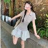 Vestido de manga larga con cuello polo de estilo suave y dulce para mujer en verano. Diseño de nicho, adelgazante en la cintura, falda línea A, petite, falda corta.