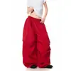 Calça Parachute Cargo Vermelha High Street Americana Feminina Solta Casual Preguiçosa Dança Jazz Perna Larga Calça de Caimento Longa até o Chão