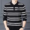 Camisa Polo Masculina de Manga Longa Primavera e Outono Camiseta Solta Retrô Estilo Japonês Listrada em Preto e Branco Tendência Ins Gola Polo Virada Top
