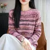 Tricô Retrô Francês com Listras em Degradê Feminino Gola Redonda Manga Longa Top Estiloso Camada Base Quente Suéter Versátil