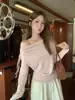 Blusa Feminina Manga Longa com Laço Franzido Off-Shoulder, Roupa Outono/Inverno 2025, Camada Interna, Blusa com Cintura Franzida Plissada