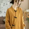 Top de manga larga retro literario de doble capa, estilo étnico moderno, nueva moda china, camisa casual con tapeta oblicua y botón de rana para mujer