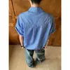 Camisa de Manga Corta a Cuadros con Estampado de Letras Estilo Callejero Americano Estilo Vacacional Casual de Verano Versátil para Hombres Mujeres Azul