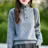 2025 Nuevo Otoño e Invierno Tejido de Punto de Lana Pura de Cuello Alto Medio Manga Larga para Mujer Botón Color Sólido Suéter Camiseta Base Superior