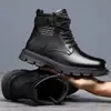 Botas de Cano Alto Botas de Couro Impermeáveis Botas de Meio-Cano Forradas com Lã Quentes Sapatos de Algodão Botas Curtas Masculinas Solas Antiderrapantes Casuais e Versáteis