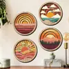 Pintura Colgante de Madera Estilo Nórdico Moderno Transfronterizo Atardecer Retro Montaña y Mar Decoración de Pared Artística Redonda Tridimensional en Capas para el Hogar