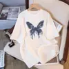 Camiseta branca de manga curta estilo retrô americano 100% algodão para mulheres, top casual de verão com corte solto e estampa de borboleta