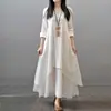 Vestido Largo de Dos Piezas Primavera y Otoño 2026, Vestido de Lino Artístico Acampanado, Vestido Holgado de Algodón y Lino de Manga Larga