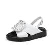 Rodas Nuevas Sandalias Planas con Hebilla Cuadrada de Pedrería Suela de Plataforma Sandalias de Mujer Cuero Genuino Moda Zapatos de Mujer Japoneses y Coreanos de Moda