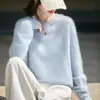 Nuevo suéter de punto de lana cepillada auténtico para otoño e invierno, jersey de una sola pieza sin costuras para mujer con cuello redondo