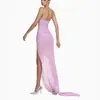 Vestido Halter com Decote em V Profundo e Design de Amarrar, Vestido Halter de Renda de Alta Qualidade em Tom Rosa e Roxo, Vestido Longo com Franzidos e Fenda, Caimento Justo e Sexy