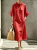 Vestido Feminino Solto Europeu e Americano Transfronteiriço com Babados e Gola Alta, Estilo Algodão Linho com Babados e Bolsos, Design de Cor Sólida