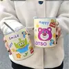Caneca de Vidro Divertida de Desenho Animado com Bom Visual e Coração Delicado, Caneca de Café Portátil e Fofa de Urso Morango com Tampa e Copo com Canudo