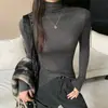 Camiseta de manga larga con cuello alto de Lyocell K6308 para mujer, otoño e invierno, corte ajustado, adelgazante, top básico con base de cuello fruncido