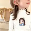 Roupa Íntima Plush Dupla Face Infantil Outono Inverno Camiseta Estilosa para Meninas Manga Longa Gola Meia Alta Top Quente com Barra Franzida