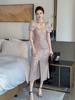 Vestido de Noche Rosa con Lentejuelas 2026 Nuevo Estilo para Mujer Cuello Cuadrado Francés Mangas Abullonadas Vestido Delgado con Abertura 45128