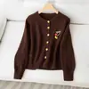 Cardigan de Tricô Decorativo de Abóbora Estéreo de Manga Longa Estilo Coreano Outono e Inverno Novo Casaco Suéter de Gola Redonda Estilo Solto Preguiçoso para Mulheres