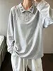 Camisa polo de punto acanalado con patchwork bordado estilo americano para hombre, de manga larga, otoño, estilo juvenil, corte holgado, hombro normal, camiseta de manga larga de peso pesado