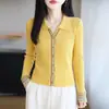 Design transfronteiriço, cardigã estiloso com gola de lapela, blusa de tricô feminina de manga longa, efeito emagrecedor, camisa de tricô jacquard retrô, camada base fashion