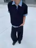 Camiseta Polo de Manga Curta com Patchwork Xadrez de Alta Qualidade Estilo Americano Falsa de Duas Peças para Homens, Verão Estilo College Gola Reversível Meia Manga
