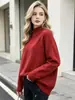 Novo suéter de tricô feminino com gola alta meia, pulôver casual solto estilo preguiçoso, blusa básica elegante de cor sólida