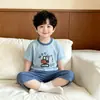 Conjunto de Ropa de Casa de Algodón Lyocell para Niños y Niñas, Conjunto de Verano de Manga Corta y Pantalones Cortos, Pijama Fresco y Sencillo para Niños