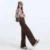 2026 jeans de pierna ancha, forrados de felpa gruesa, color marrón jaspeado, para mujer, otoño/invierno, estilo americano, tiro alto, high-street, pantalones de largo hasta el suelo
