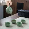 Juego de Té de Viaje Ge Yao Juego de Cerámica Juego de Té Una Tetera Cuatro Tazas Caja de Cuero de Vaca Kung Fu Caja de Regalo Regalo Pequeño