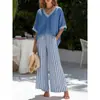 Site Independente Amazon 2026 Blusa Casual Feminina de Manga Curta com Gola V e Estampa Listrada Calça Wide Leg Conjunto de Duas Peças Solto