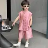 Conjunto Hanfu Sem Mangas Estilo Chinês Novo de Verão para Meninos, Traje Tang Vestível para o Dia a Dia para Meninos Pequenos, Conjunto de Duas Peças com Colete para o Festival do Barco-Dragão
