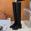 Botas altas elásticas para mujer por encima de la rodilla con tacón alto para otoño e invierno, punta redonda, para mujeres petite, gamuza, tacón grueso, botas altas de ajuste ceñido
