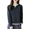 Elegante y versátil look de dos piezas suéter de punto de algodón puro con cuello redondo para mujer, otoño e invierno, ajuste holgado, adelgazante, capa base de punto, disponible para dropshipping