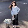 Estilo colegial casual bloques de color juguetones cuello de marinero dulce lindo top para niñas cuadros empalmados pantalones de pierna ancha conjunto de dos piezas