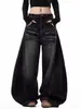Jeans preto com design retrô americano de orelhas de gato para homens e mulheres, estiloso e desgastado, calças largas casuais de alta costura